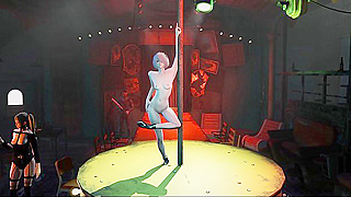 2B Strips Down with Sensual Pole Dance in Neon-Lit Cyberpunk Showdown