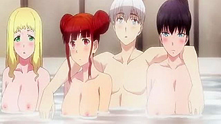 Three Busty Anime Girls Pamper Guy with Sensual Shower Fun in Ecchi Fantasy