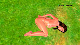Adorable 3D Anime Babe Enjoys Solo Play with Cucumber Outdoors