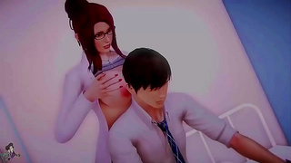 Fiery Redhead Nurse Pleasures Cocky Doctor with Busty Tits Mouth in Waifu School